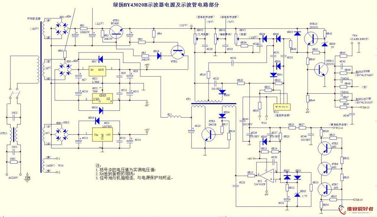 绿扬BY43020B示波器电源、示波管实绘电路图.jpg